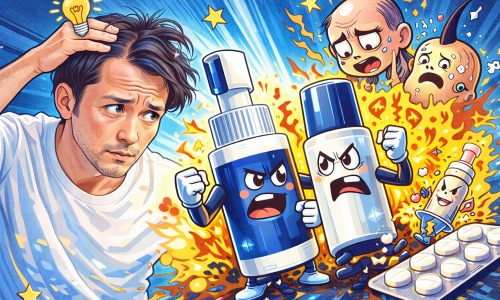 薄くなってきた男性向けにAGA対策としてミノキシジルとフィナステリドを分かりやすく解説するコミカルなアイキャッチ画像
