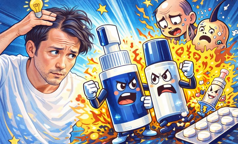 薄くなってきた男性向けにAGA対策としてミノキシジルとフィナステリドを分かりやすく解説するコミカルなアイキャッチ画像