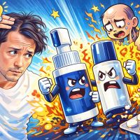 薄くなってきた男性向けにAGA対策としてミノキシジルとフィナステリドを分かりやすく解説するコミカルなアイキャッチ画像